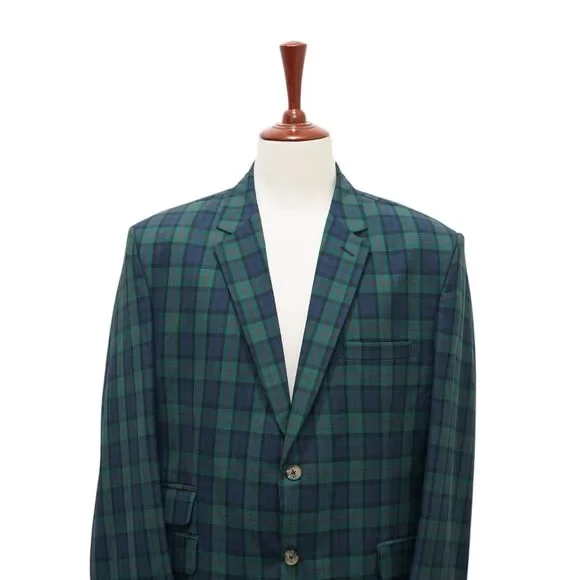 Mens 48R Tartan Plaid Blazer Sport Coat Navy Green Cotton Preppy Formal